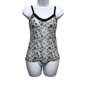 Y2K Whimsigoth Women Mesh Fitted Cami XS Floral Lace Trim Coquette Fairygrunge